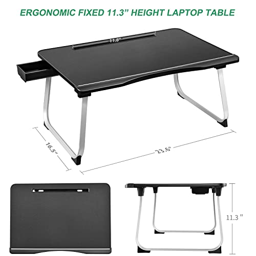 Laptop Desk for Bed,Fazoc Sturdy Foldable Bed Tray PVC Leather Table with Aluminum Legs,Storage Drawer & Card Slot for Eating,Reading Book, Watching on Bed,Couch & Floor-XXL Large Black