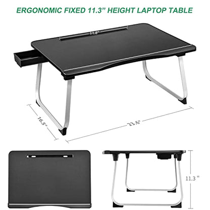 Laptop Desk for Bed,Fazoc Sturdy Foldable Bed Tray PVC Leather Table with Aluminum Legs,Storage Drawer & Card Slot for Eating,Reading Book, Watching on Bed,Couch & Floor-XXL Large Black