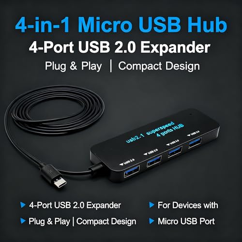 4-Port USB 2.0 Hub, Micro USB OTG Expander with HS8836AB Chip, 480Mbps Data Speed, Bus-Powered with Over-Current Protection, Plug and Play for Raspberry Pi, Older Android Tablets, PC & More - style: 4 USB Ports