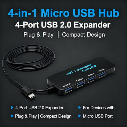 4-Port USB 2.0 Hub, Micro USB OTG Expander with HS8836AB Chip, 480Mbps Data Speed, Bus-Powered with Over-Current Protection, Plug and Play for Raspberry Pi, Older Android Tablets, PC & More - style: 4 USB Ports