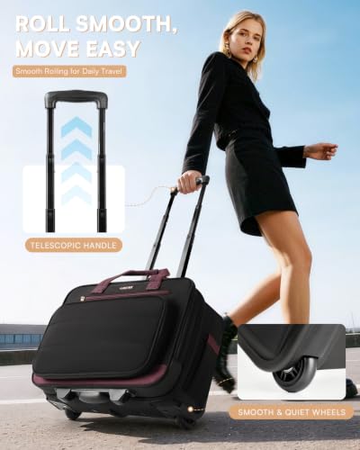 Puffer Rolling Laptop Briefcase Bag with Wheels For Women Work & Travel | Fits 16-Inch Computer Bag with Wheels, Water Resistant, TSA Friendly, 4 Pockets, Lockable Zippers, 3 Ways to Carry - color: Ribbed Black Purple