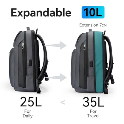 Muzee Business Backpack for Men, Travel Laptop Backpack Fits 15.6 Inch, Waterproof Expandable Bag 25L-35L, Grey Work Daypack with USB & USB-C Charging Ports, Anti-Theft Pocket, Luggage Strap