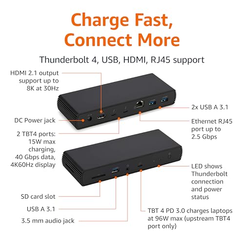 Amazon Basics Thunderbolt 4 Pro Docking Station, Dual 4K Monitor Support, 8K Display, 2xTBT4, 1xHDMI2.1, 3xUSB A 3.1, RJ45 Ethernet, Black, 7.86 x 2.95 x 1.23 inches - size: 7.86 x 2.95 x 1.23 inches