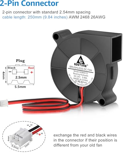 GDSTIME 5015 Blower 24V 2-Pin 50mm x 15mm Turbine Turbo Cooling Fan 2-Pack | Hydraulic Bearing, 24 Volt DC Brushless, 4500 RPM, High Speed, Replacement Blower Fans for 3D Printer Humidifier - size: 50x15mm