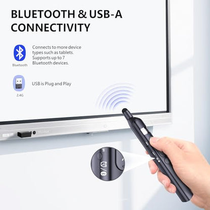 N21 Bluetooth Presentation Clicker for PowerPoint with Retractable Pointer | ①Green laser ②Telescopic touch pen ③Countdown timer, vibration alert ④Customizable Button ⑤Rechargeable;battery level display - color: Black - Green Pointer