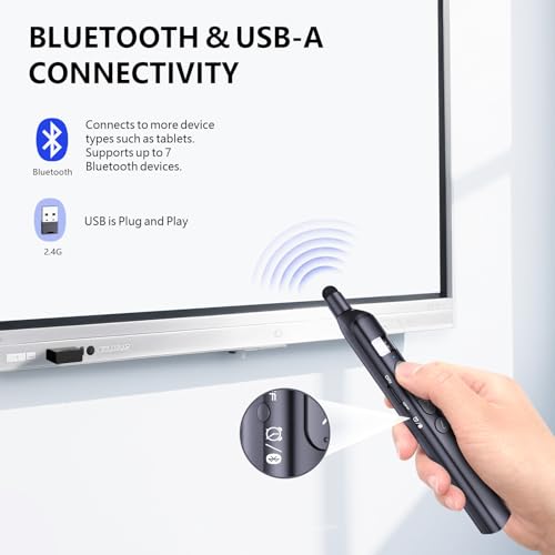 N21 Bluetooth Presentation Clicker for PowerPoint with Retractable Pointer | ①Red laser ②Telescopic touch pen ③Countdown timer, vibration alert ④Customizable Button ⑤Rechargeable;battery level display - color: Black - Red Pointer