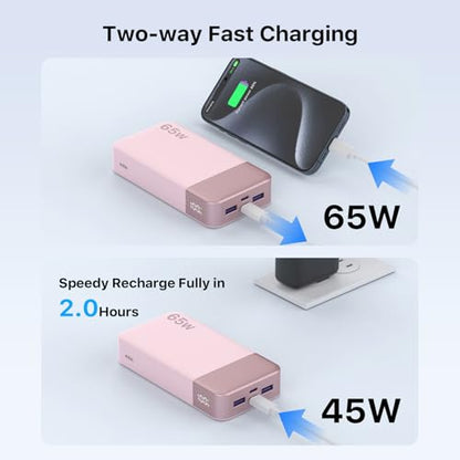 NOBIS 20000mAh Battery Pack Power Bank 65W Power Bank, Portable Charger with Digital Display, Dual USB-C/USB-A Fast Charging for Laptop, Phone, Tablet, Travel-Friendly External Battery Pack - color: Pink