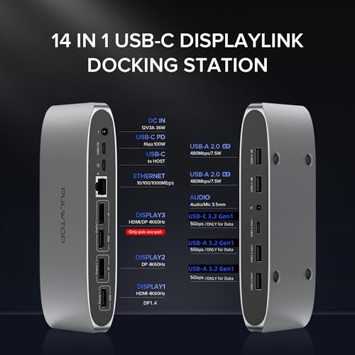 Displaylink Docking Station, Triple Display DisplayLink Dock for MacBook M1/M2/M3 Windows, 4K@60Hz Laptop Docking Station with 2 HDMI, 2 Display Port, PD, USB C Data, 4 USBA, Ethernet, Audio - size: 14-in-1 Displaylink docking station