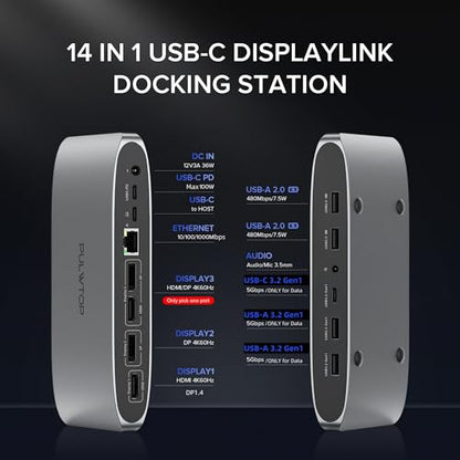 Displaylink Docking Station, Triple Display DisplayLink Dock for MacBook M1/M2/M3 Windows, 4K@60Hz Laptop Docking Station with 2 HDMI, 2 Display Port, PD, USB C Data, 4 USBA, Ethernet, Audio - size: 14-in-1 Displaylink docking station