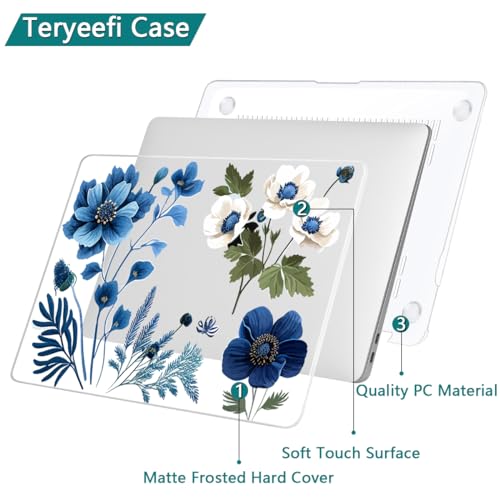 Teryeefi Compatible with M2 M1 MacBook Pro 13 Inch Case A2338 A2289 A2251 A2159 A1989 A1706 A1708 (2024 20203 2022-2016), Hard Shell Case & Keyboard Cover for Mac Pro 13" - Blue Plant Flower - color: Blue Plant Flower