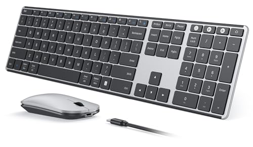 seenda SKM64-3 Wireless Bluetooth Keyboard Mouse Combo for Windows and Mac | USB and dual Bluetooth multi-device switching, quiet, rechargeable, full-size slim set for PC, MacBook, iPad, Black Silver - color: Black Silver