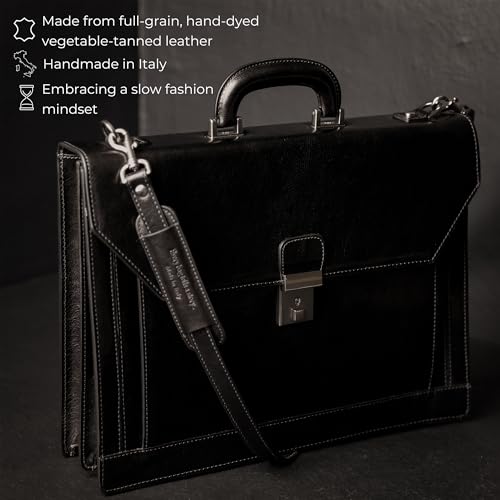 Time Resistance Leather Briefcase - Italian Handmade Laptop Bag - Work Bag for Men and Women - Attache - Computer Bag - color: Black