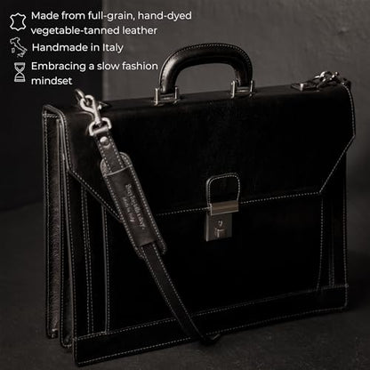 Time Resistance Leather Briefcase - Italian Handmade Laptop Bag - Work Bag for Men and Women - Attache - Computer Bag - color: Black