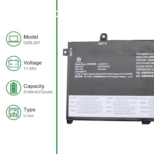 02DL007 Laptop Battery Replacement for Lenovo ThinkPad T490 T495 T14 P14S P43S Series L18L3P73 SB10K97645 L18C3P72 02DL010 L18C3P71 02DL008 L18M3P73 02DL009 L18M4P74 L18M4P73 11.55V 51Wh - size: 13.3*5.1*1.4inch 02DL007