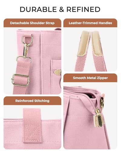Tuwubi Canvas Tote Bag for Women, Large Tote Bag with Zipper & Compartments for Travel Work College Teacher Nurse - color: Pink