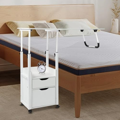 Overbed Table with Wheels, Movable Bedside Table Height Adjustable Over Bed Desk Foldable Rolling Laptop Desk with Drawers for Home & Hospital Use (White) - color: White