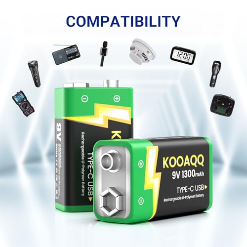 6-Pack Rechargeable 9v Batteries, USB-C Recharge 1300mAh 9 Volt Lithium-ion Long Lasting Power for SmokAlarms, Microphones, Multimeters, Walkie-Talkie, Metal Detector, Toys, with 2 in 1 Charging Cable - size: 6-Pack