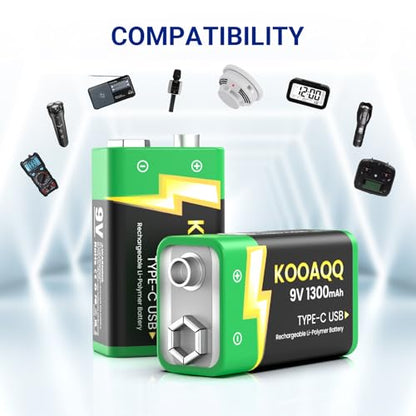 6-Pack Rechargeable 9v Batteries, USB-C Recharge 1300mAh 9 Volt Lithium-ion Long Lasting Power for SmokAlarms, Microphones, Multimeters, Walkie-Talkie, Metal Detector, Toys, with 2 in 1 Charging Cable - size: 6-Pack