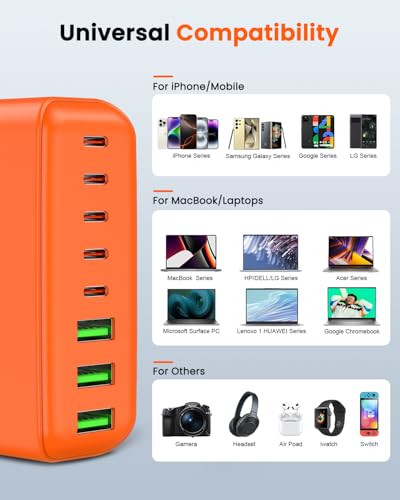500W USB C Charger Block, 8-Port USB C Charging Station Fast Charging PD 120W PC Laptop Charger Adapter Compatible with MacBook Pro/Air/All iPad,DELL, iPhone 16/15/14/13/Pro Max/Galaxy - color: ORANGE