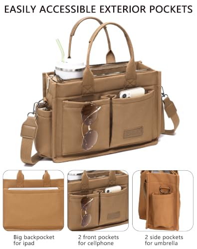 Canvas Tote Bag for Women,Women's Bags Crossbody Bags Work Laptop Tote Bag Large Handbags Purse for Travel Nurse Teacher - color: New Upgrade Brown With Compartments and Side Cup Holders