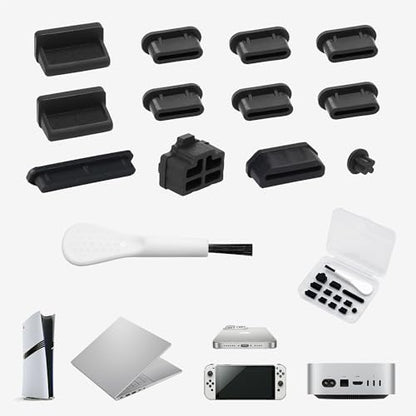 12 PCS Silicone Dust Plugs & Cleaning Brush, USB Port Dust Covers Compatible with iPhone 15 16 17,Kindle,MacBook,Mac mini,PS5,Includes USB-C, USB-A, HDMI, RJ-45, SD Slot and 3.5mm (Black) - color: Black