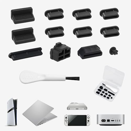 12 PCS Silicone Dust Plugs & Cleaning Brush, USB Port Dust Covers Compatible with iPhone 15 16 17,Kindle,MacBook,Mac mini,PS5,Includes USB-C, USB-A, HDMI, RJ-45, SD Slot and 3.5mm (Black) - color: Black