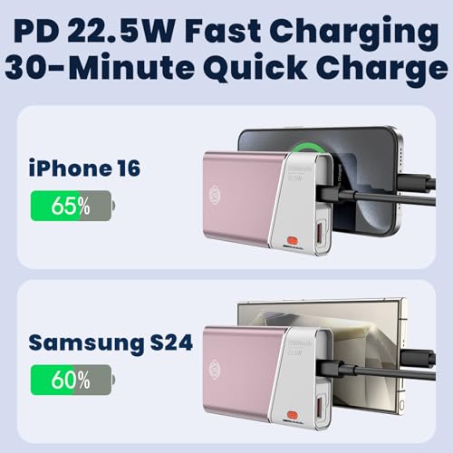 Aaoyun Portable Charger Power Bank, 20000mAh 22.5W PD Fast Charging Powerbank with Built-in USB C Cable, External Phone Battery Pack for iPhone 17/16/15 Samsung S24 Android etc, Pink - color: Pink-20000mah