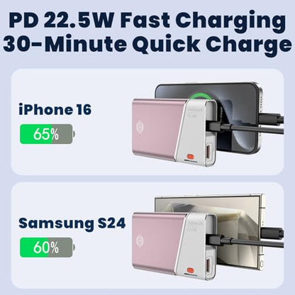 Aaoyun Portable Charger Power Bank, 20000mAh 22.5W PD Fast Charging Powerbank with Built-in USB C Cable, External Phone Battery Pack for iPhone 17/16/15 Samsung S24 Android etc, Pink - color: Pink-20000mah