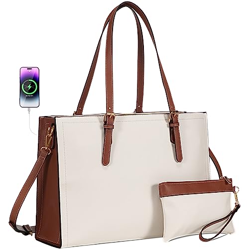 LOVEVOOK 15.6 Inch Laptop Bag for women, Large Waterproof PU Leather Work Briefcase with USB Charging Port Casual Computer Bag Messenger, Fashion Business Office Tote Handbag Purse, White-Brown - color: Hazel-usb, size: 15.6 Inch