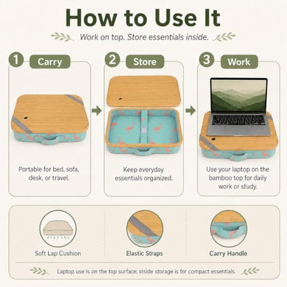 Mayjoy Bamboo Laptop Lap Desk with Storage, Removable Cover, Aqua | Use laptops up to 15.6” on the bamboo top; store tablets, notebooks, mouse, cables, and pens inside. - color: Aqua