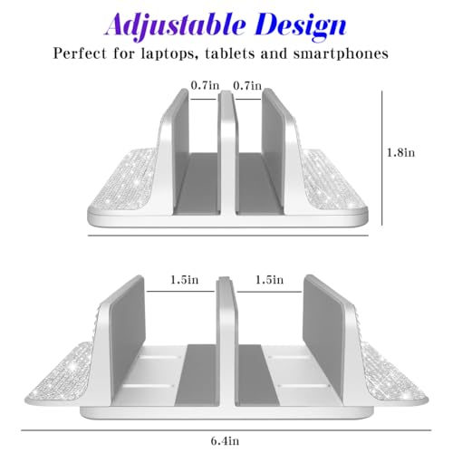 Bling Vertical Laptop Stand, Double Desktop Stand Holder with Adjustable Dock (Up to 17.3 inch),Compatible with All MacBook/Surface/Samsung/HP/Dell/Chrome Book (Silver Glitter Rhinestones)