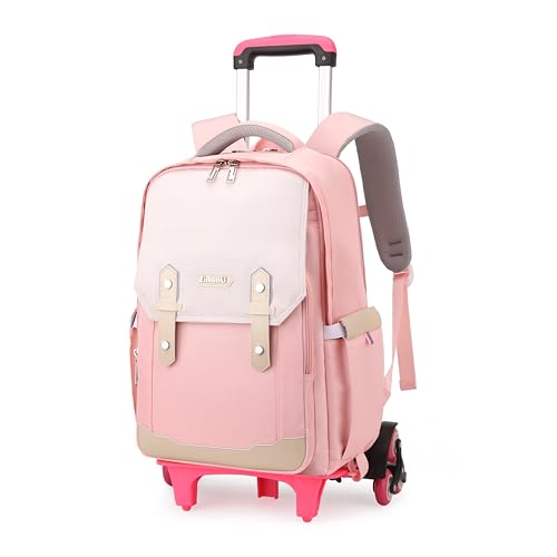 Pink Rolling Backpack for Girls Kids School Backpack with Wheels for Girls, Roller Trolley School Bags for Primary Students, Wheeled Bookbags on 6 Wheels, Pink - color: 6 Wheels Pink