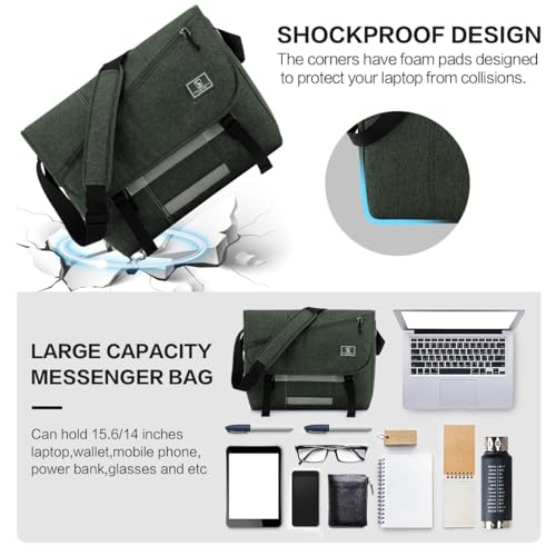 OIWAS Messenger Bag for Men, 15.6 Inch Laptop Satchel Crossbody Bag, Green | Padded laptop sleeve; built-in bottle holder & reflective safety strips; large shoulder bag for college, work, travel - color: 15.6 Inch-green