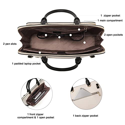 CLUCI Leather Briefcase for Women 15.6 Inch Laptop Business Computer Ladies Stylish Work Handbags Shoulder Bag - color: Beige-black