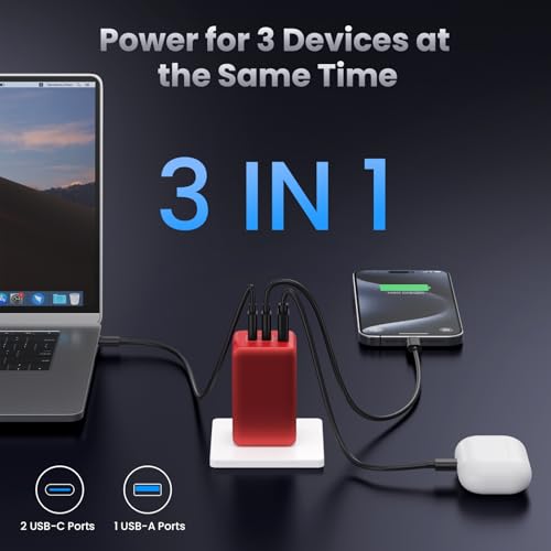 128W USB C Wall Charger,GaN III 3-Port Fast Charging Station,PD QC Foldable Charger Block Portable 65W Laptop Adapter for MacBook Pro/Air,iPad Pro,Galaxy S23,Dell XPS 13,iPhone 17/16/Pro etc - color: Red