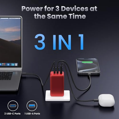 128W USB C Wall Charger,GaN III 3-Port Fast Charging Station,PD QC Foldable Charger Block Portable 65W Laptop Adapter for MacBook Pro/Air,iPad Pro,Galaxy S23,Dell XPS 13,iPhone 17/16/Pro etc - color: Red