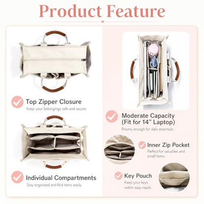 Canvas Tote Bag for Women Lightweight Handbag with Multi Pockets & Adjustable Strap Bible Bag for Daily Use Work - color: Beige