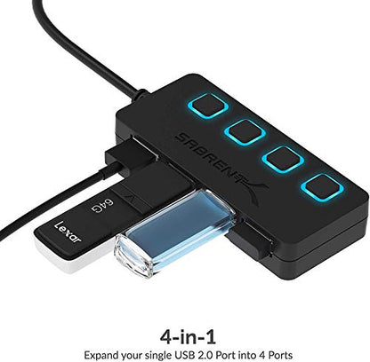SABRENT 4-Port USB 2.0 Data Hub, LED Power Switches (HB-UMLS) | Individual LED-lit power switches; data only (charging not supported); for Mac & PC - size: USB-A 4-Port