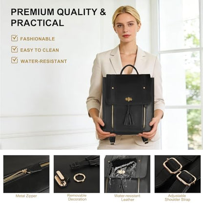 ESTARER Upgraded Version Women PU Leather Backpack 15.6 Inch Laptop Backpack Vintage College Rucksack Bag (Black)
