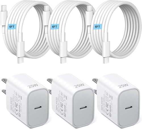 3pack Type C Charger 6FT Cable Fast Charging for iPhone 17/16/15,USB C Chargers Block 25W Super Fast for Samsung Galaxy S25/S24 S23 S22 S21/iPhone Air/17/17 Pro Max/iPhone 16/16 Pro Max/15 Pro Max - size: 25W 1 Port