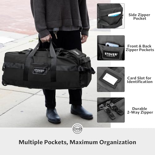 45/80/100L Rolling Duffel Bag with Wheels, X-Large Durable Travel Duffle + Toiletry Bag, Heavy Duty, Packable with Shoulder Straps- Use as Luggage or Backpack, Men/Women (Black) - color: Black