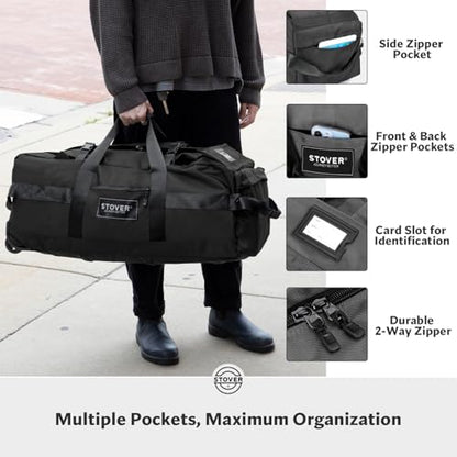 45/80/100L Rolling Duffel Bag with Wheels, X-Large Durable Travel Duffle + Toiletry Bag, Heavy Duty, Packable with Shoulder Straps- Use as Luggage or Backpack, Men/Women (Black) - color: Black