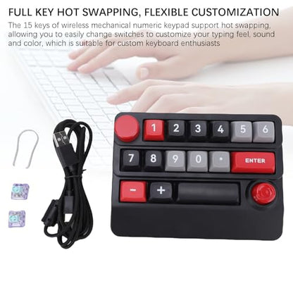 Asixxsix Number Pad, RGB 15 Keys Hot Swappable Wireless Numeric Keypad Macro Programmable Rechargeable Number Keypad with 3 Mode USB C 2.4G Bluetooth for Laptop Desktop Computer PC (Black Red) - color: Black Red