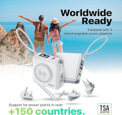 PWRMobile PWR Travel PRO 5-in-1 Power Bank – 10,000mAh with Built-in Cables – 20W USB-C + 15W Wireless Charging – Compact Portable Charger for iPhone & Android - White - color: White
