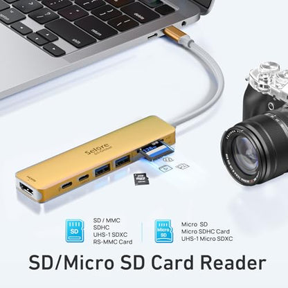 USB C Hub HDMI Adapter for MacBook Pro/Air, 7 in 1 USBC Dongle with HDMI, microSD/SD Card Reader, USB C Data Port,100W PD, and 2 USB 3.0 Compatible for MacBook Pro/Air, Dell XPS, Lenovo Thinkpad. - color: Gold