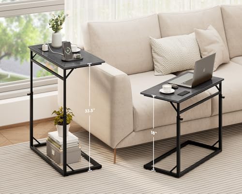C Shaped End Table with Charging Station, Large C-Table End Table Adjustable Height Side Table for Couch, Sofa Table Slide Under Couch Table TV Tray Table for Living Room, Bedroom,Gray Walnut - color: Gray Walnut, style: With Plug