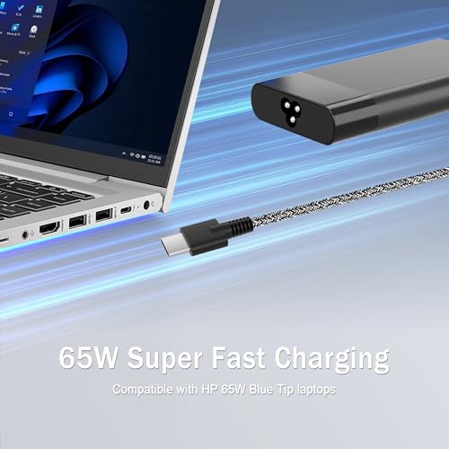 New Slim 65W USB C Laptop Charger Replacement for HP Laptop Charger | Fit Elite x2 1012 G2 Chromebook Elitebook x360 1030 G8 Pavilion Spectre Envy Computer Travel Type C Cable AC Power Adapter