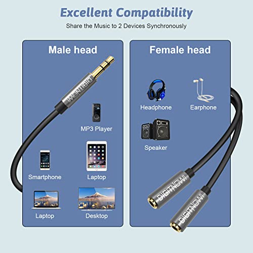 DigitConvert Headphone Splitter,3.5mm Extension Cable Audio Stereo Y Splitter (Hi-Fi Sound), 3.5mm Male to Female Dual Headset Jack Adapter for iPhone Samsung Tablet Laptop, PS4, Switch & More