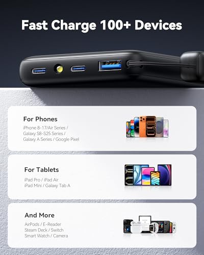 INIU 45W Fast Charging Portable Charger, Smaller 10000mAh Travel Power Bank | Flight-Safe, Detachable USB C Cable, Travel Essential, External Battery Phone Pack for iPhone 17 Samsung S26 iPad etc - color: Black
