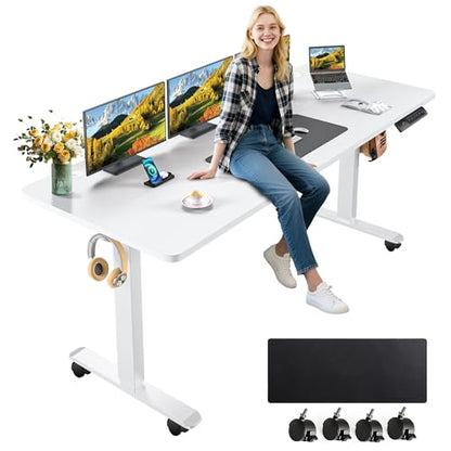 farexon Electric Standing Desk Adjustable Height, 63x24 Inches Stand up Desk with Rolling Wheels, Mouse Pad,Home Office Writing Gaming Computer Workstation Table(White) - color: White, size: 63 x 24''